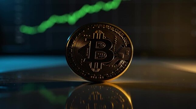 Bitcoin coin with green chart background.