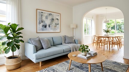 Fototapeta premium Bright and airy living room with modern decor and natural elements