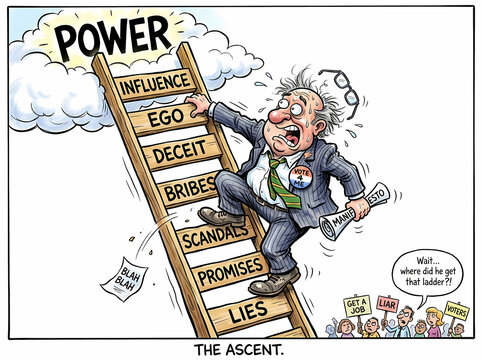 Political cartoon illustration showing a man climbing a ladder of corruption toward power.