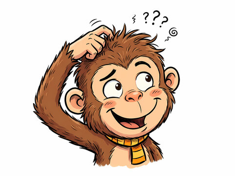 A cute cartoon monkey scratching its head with a confused expression.