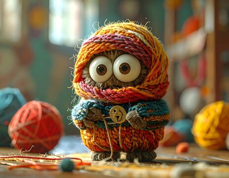 Colorful yarn monster toy with eyes.