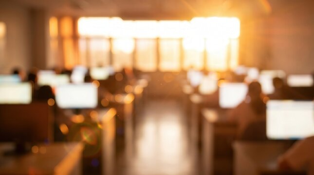 Blurred modern office workspace with computer monitors and golden sunlight. Abstract interior backdrop for professional business presentations.