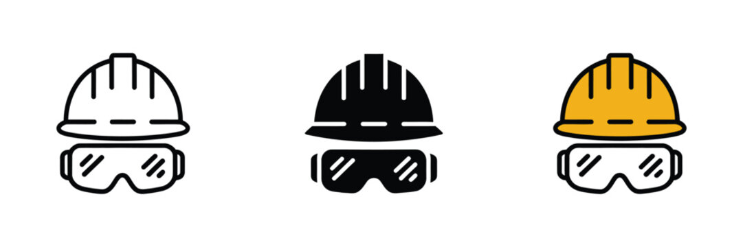 Hard hat with goggles icon, construction helmet safety concept, engineer protection glasses and mask symbol vector isolated design
