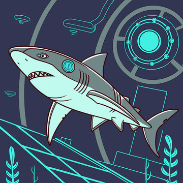 Abstract futuristic shark illustration with glowing neon cybernetic elements in a deep underwater environment predator underwater cybernetic futuristic illustration wildlife abstract stylized