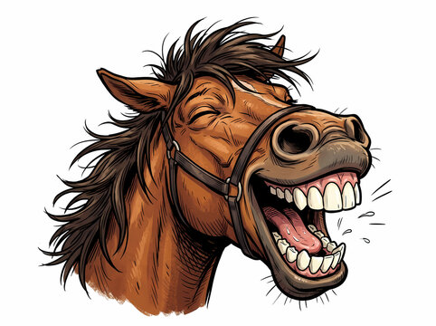 A funny cartoon horse with a big toothy grin laughing.