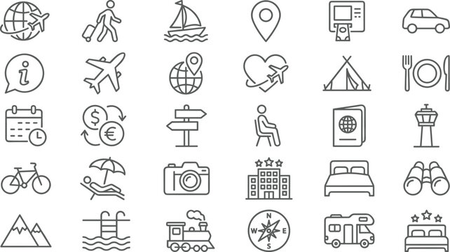 Travel and Adventure Icons Set Featuring Air Travel, Locations, Vacation, Transportation, and Tourism Symbols for Travel Websites and Apps