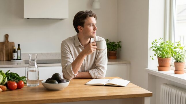 Gut-Brain Axis Microbiome Depression concept. Man enjoying a morning coffee in a sunlit kitchen with plants and fresh produce