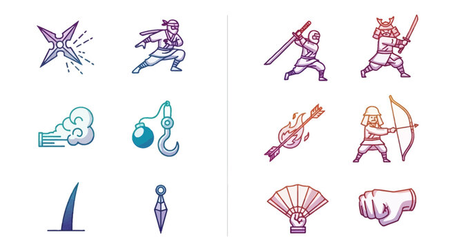 Ninja Warrior Icons: Samurai, Shuriken, Katana, Bow, Fan, Fist, Kunai, Grappling Hook