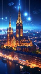 Obraz premium A nighttime cityscape with a large illuminated cathedral