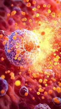 Histamine release triggers immune response with vibrant orange and purple particles interacting with cells in dynamic microscopic biology environment full of energy and cellular interaction