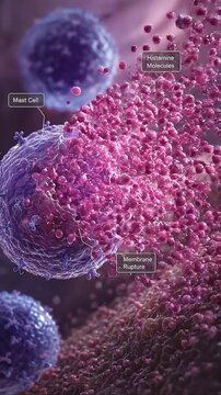 Histamine release from mast cell membrane rupture allows histamine molecules to disperse rapidly triggering immune response and inflammation causing body defense system activation with vivid cellular
