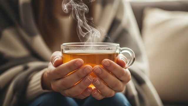 A person holding a steaming cup of tea on a cozy couch
