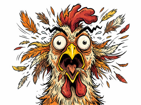 Cartoon illustration of a panicked and stressed chicken with feathers flying.