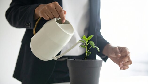 小さい緑の芽が生えている鉢植えにじょうろで水を上げているビジネスウーマンの手元にクローズアップした写真