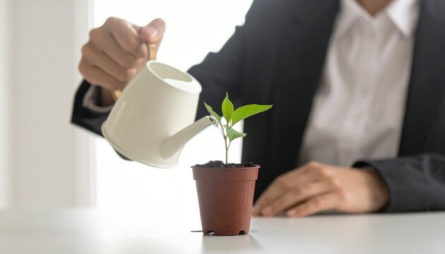 小さい緑の芽が生えている鉢植えにじょうろで水を上げているビジネスウーマンの手元にクローズアップした写真