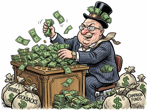 Corrupt Politician Counting Money from Bribes and Kickbacks.