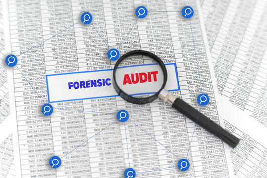 Forensic audit concept showing financial investigation with magnifying glass over data highlighting anomalies and tracing connections
