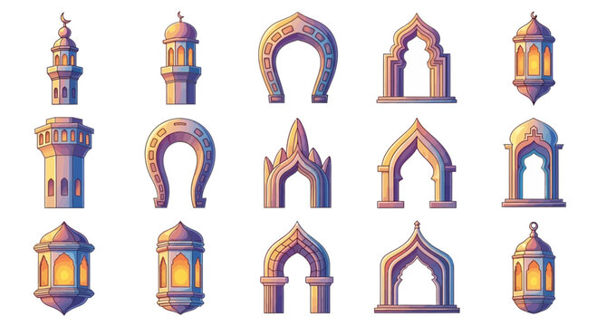 Islamic Architecture Elements: Arches, Minarets, Lanterns - Pixel Art Collection