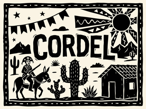 Brazilian Cordel Literature Style Woodcut Illustration Featuring a Cangaceiro, Cactus, and Rural Landscape of the Sert&atilde;o