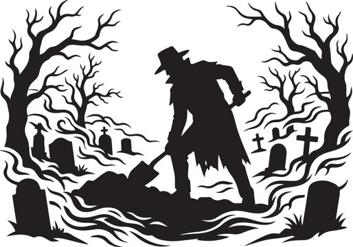 Halloween graveyard scene, scarecrow silhouette, spooky vector illustration, black and white