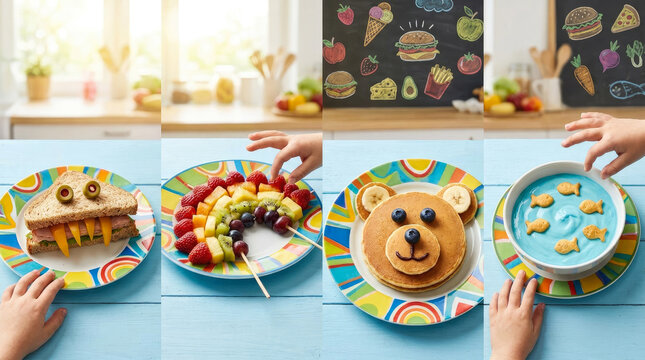Creative and fun food art for children on a bright blue wooden table surface