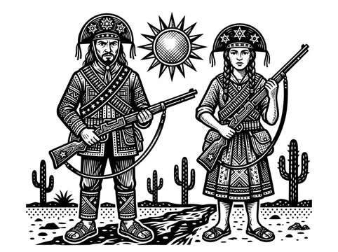 Brazilian Canga&ccedil;o Folk Art Illustration, Xilogravura Woodcut Style of Lampi&atilde;o and Maria Bonita in the Sert&atilde;o Desert