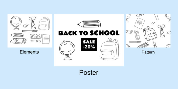Back to School Doodle Bundle, Hand Drawn Education Elements and Pattern Set