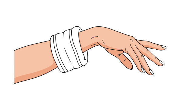 Human hand with long white fingernails and a white wrist sweatband reaching out with fingers spread against a white background.