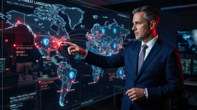 Man analyzes holographic display of cybersecurity threats while pointing to locations on a digital world map in a command center.