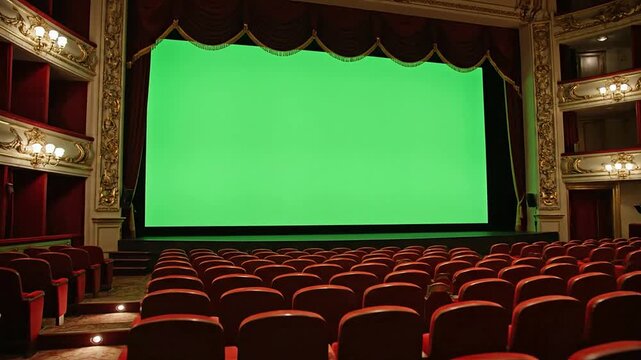 Theater seats face a large green video screen in a dark movie theater.