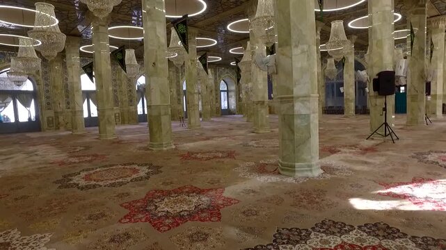  Close up view of ornate mosque carpets with intricate patterns and warm colors, highlighting traditional Islamic textile art, sacred interiors, and devotional design elements. 