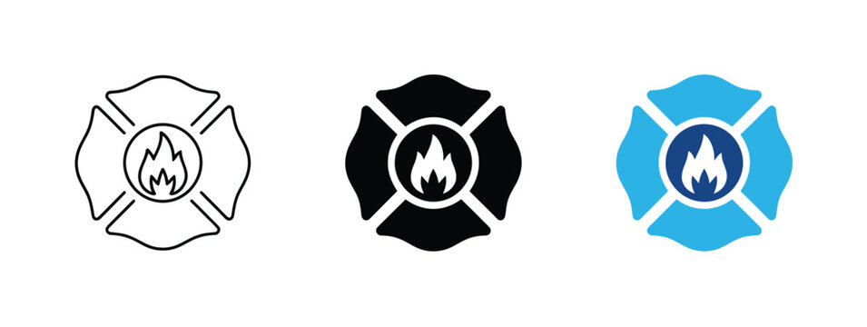 Fire department badge icon, four petal fire station symbol, firefighter emergency safety and rescue service emblem