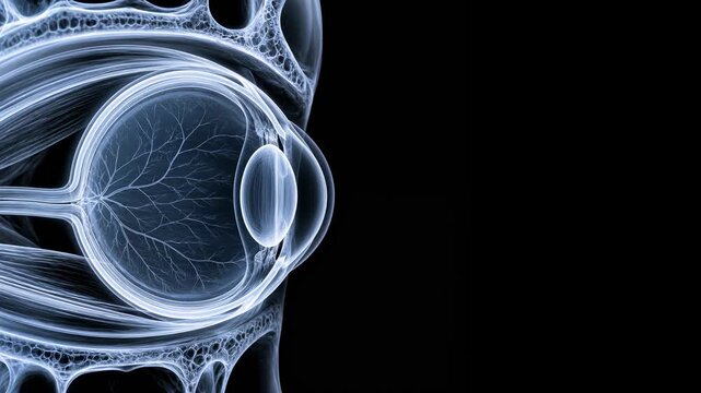 eye anatomy close up cross section view, medical visualization concept, ophthalmology study, healthcare education, copy space.