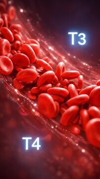 Thyroid hormone T3 and T4 regulate metabolism and energy in bloodstream with red blood cells flowing dynamically through vessels supporting vital body functions and overall health