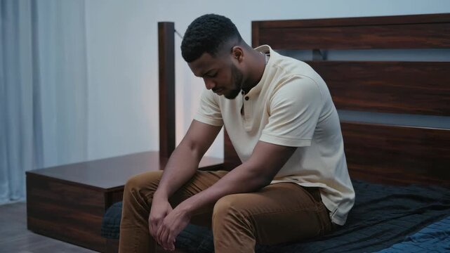 A man in a yellow t-shirt and brown pants sits on the edge of a bed, looking down with his chin resting on his hands.