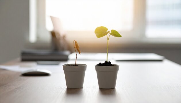 枯れた芽と成長している芽が入った鉢植えがビジネスデスクの上にある写真