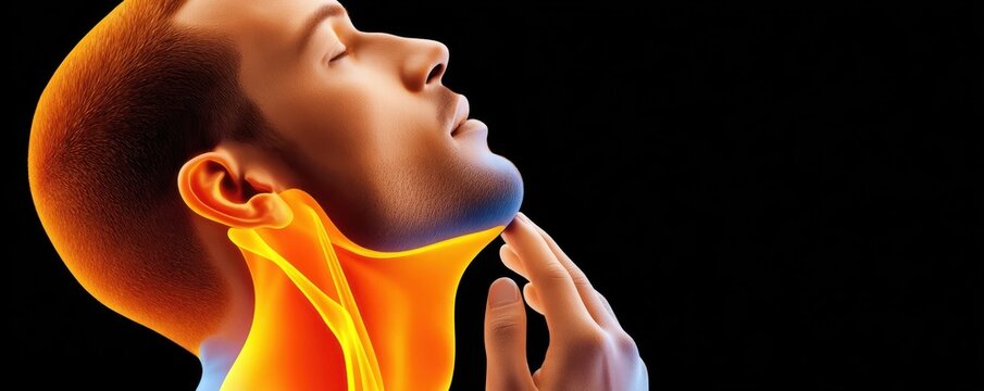 3D x-ray illustration of human head and neck anatomy showing throat and cervical structures