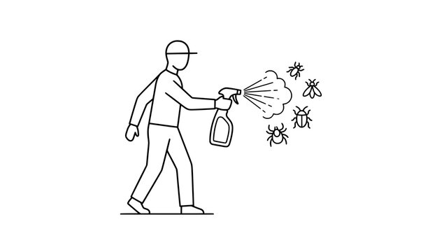 Disinfection person line icon with spray against mites and pests outline vector isolated on white