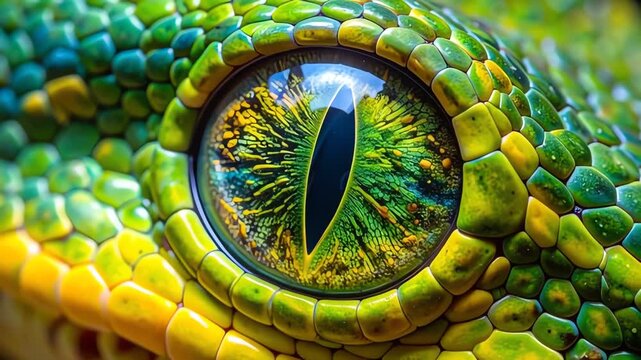 Cinematic HD video footage of an extreme macro close-up of a green tree python eye showing detailed emerald and yellow scales