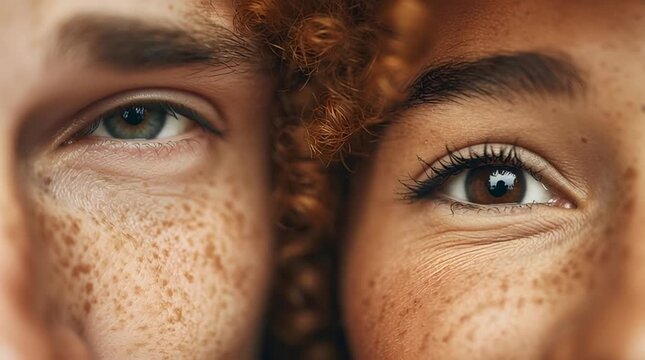 Close up portrait of two freckle face close up portraits with curly hair and expressive eye brown and green eye smiling warmly intimate portrait highlighting skin texture and connection