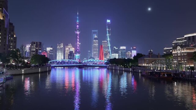 Shanghai Waibaidu Bridge Night Time-lapse Suzhou Creek Pudong Skyline Reflection