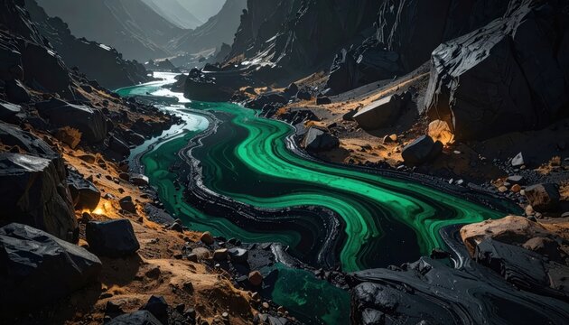 Mysterious Glowing River Flowing Through a Dark, Rocky Canyon.