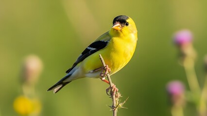 Obraz premium American goldfinch perched on a thorny twig in a field