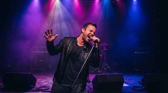 Passionate male rock singer in a black leather jacket performing with intense emotion on a concert stage under vibrant colorful spotlights.
