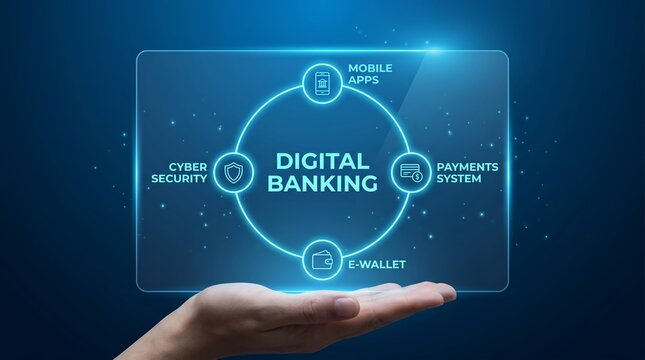 Digital banking concept with hand holding futuristic interface on blue background
