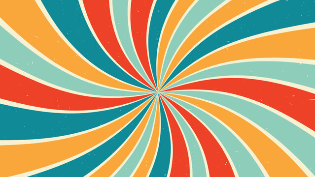 Vintage style sunburst background featuring a spiral pattern of red, orange, teal, and yellow rays with a textured finish.