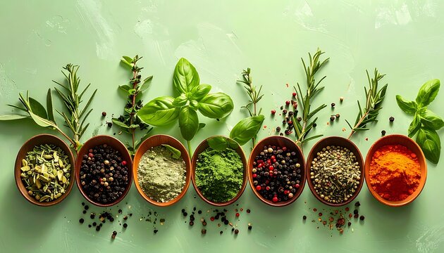 A vibrant arrangement of spices and herbs in small bowls (1)