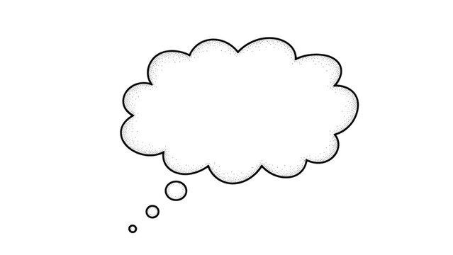 Simple black and white thought bubble with a grainy texture and three small circles leading to a large puffy cloud shape.