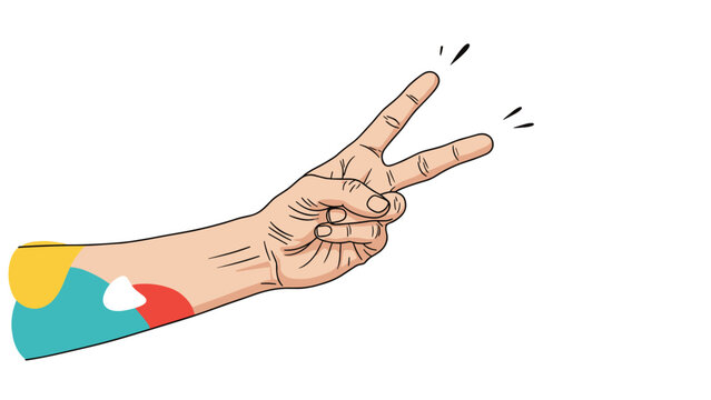 Hand making a peace or victory sign gesture with two fingers up wearing a colorful abstract patterned shirt sleeve.