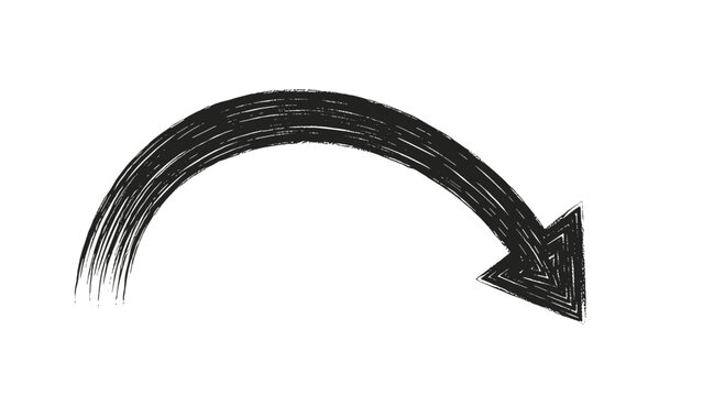 Curved black arrow pointing downwards with a textured hand-drawn brush stroke effect on a white background for indicating direction or trends.